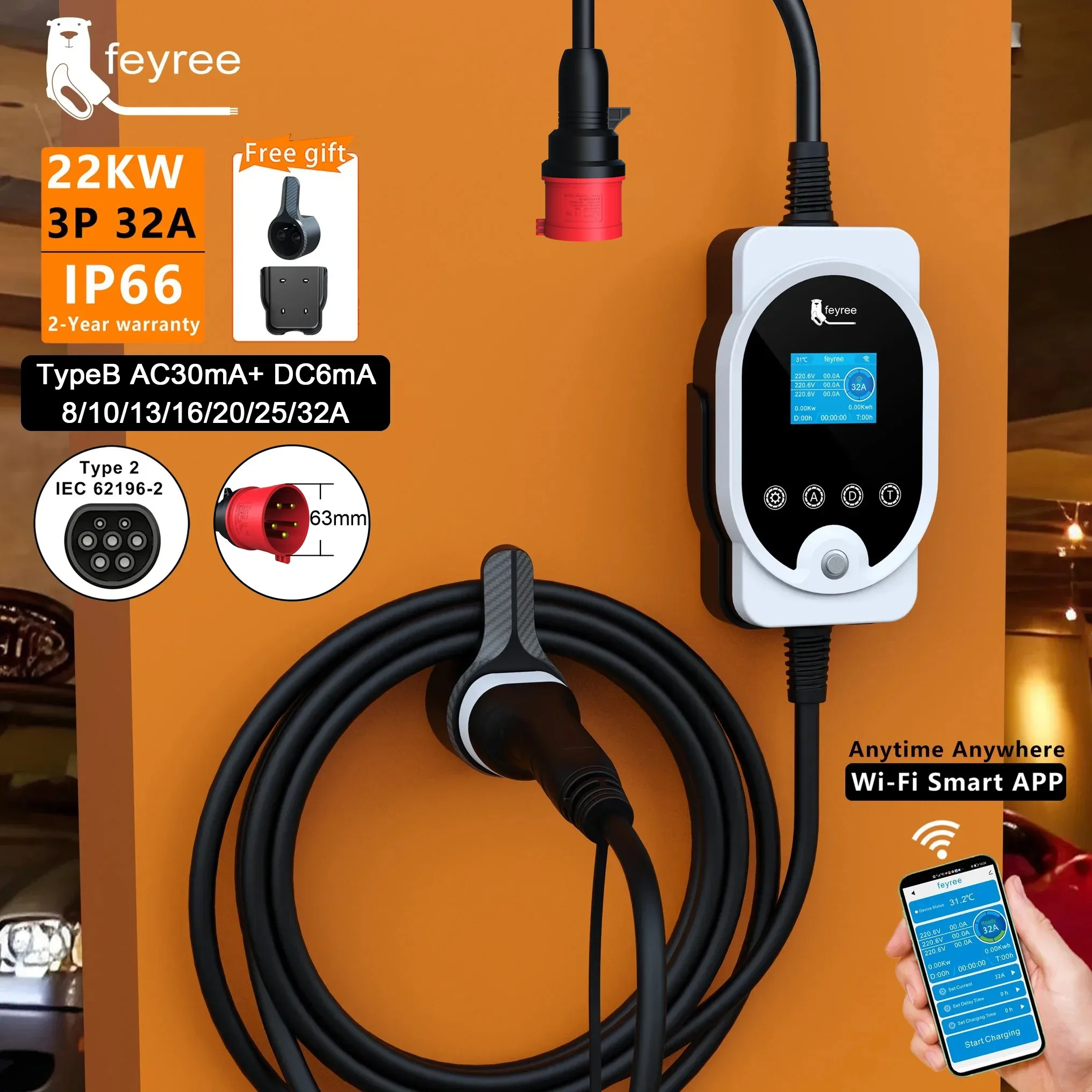 Ev Charger Type 2 22Kw 32A 3 Phase - 페이리 22KW 타입2 케이블 EVSE 월박스